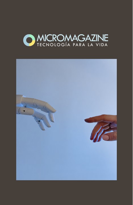 Tecnología para la Vida TXLV - MicroMagazine de FUNTESO, Fundación Tecnología Social Composición de una imagen en la que aparecen dos manos, una de ellas robótica, intentando juntar los dedos índices, junto al logotipo de Tecnología para la Vida TXLV - MicroMagazine de FUNTESO, Fundación Tecnología Social